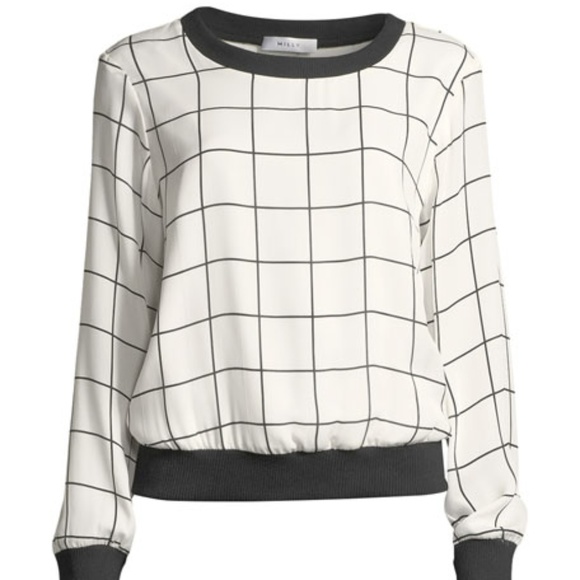 Milly Tops - Milly Check-Print Silk Georgette Sweatshirt
